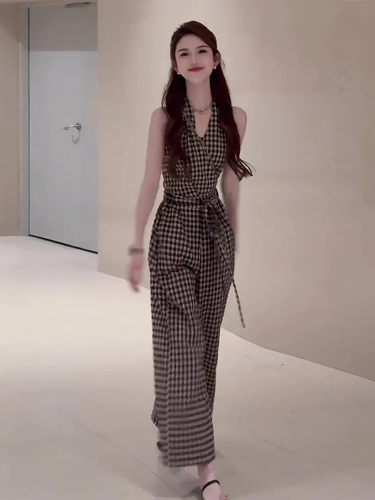 

Ретро клетчатый комплект с поясом, широкие брюки, комплект из двух предметов, женские модные летние длинные брюки из полиэфирного волокна 2025, длинные брюки