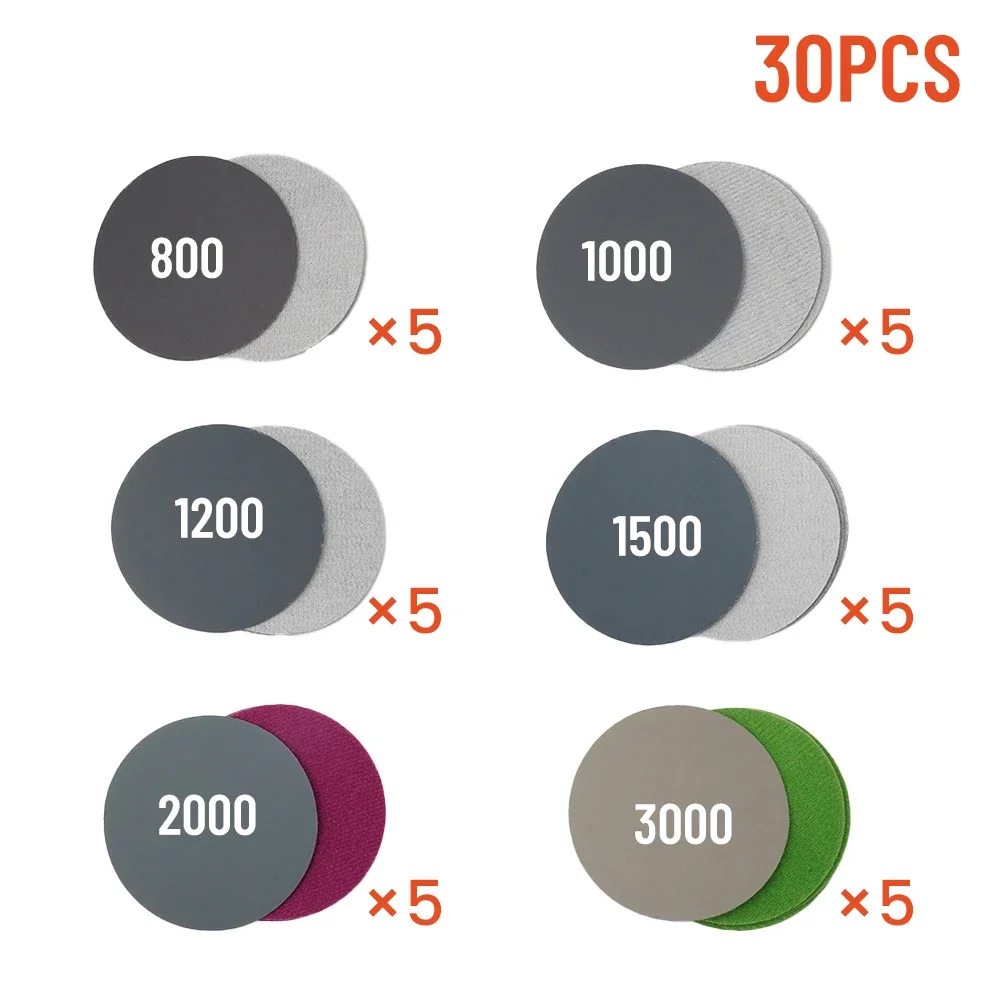 30 шт. 3 дюйма 75 мм шлифовальный диск для влажной/сухой наждачной бумаги зернистость 800/1000/1200/1500/2000/3000 шлифовальный диск с петлей на липучке для шлифовки полировки