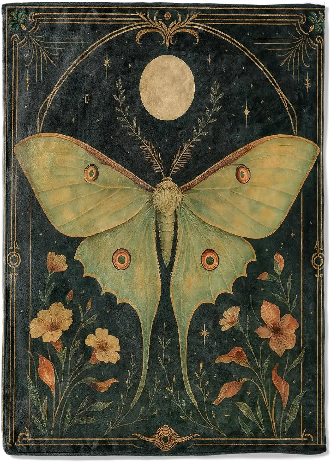 Moon moth blanket celestial design vintage art pattern soft throw boho decor bedroom textile mystical accessory