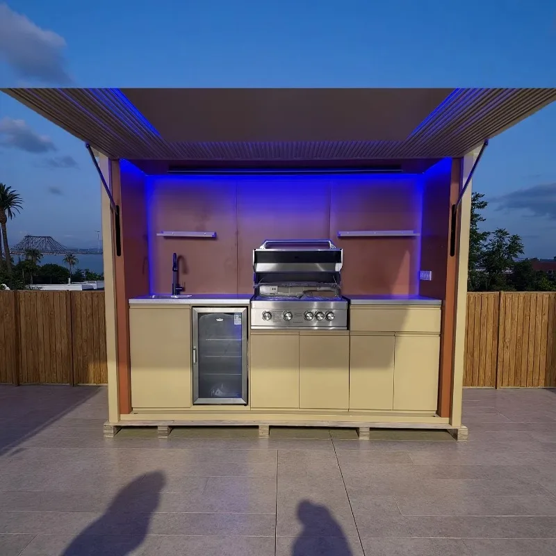 Outdoor kitchen bar with ice bucket and storage stainless steel party station