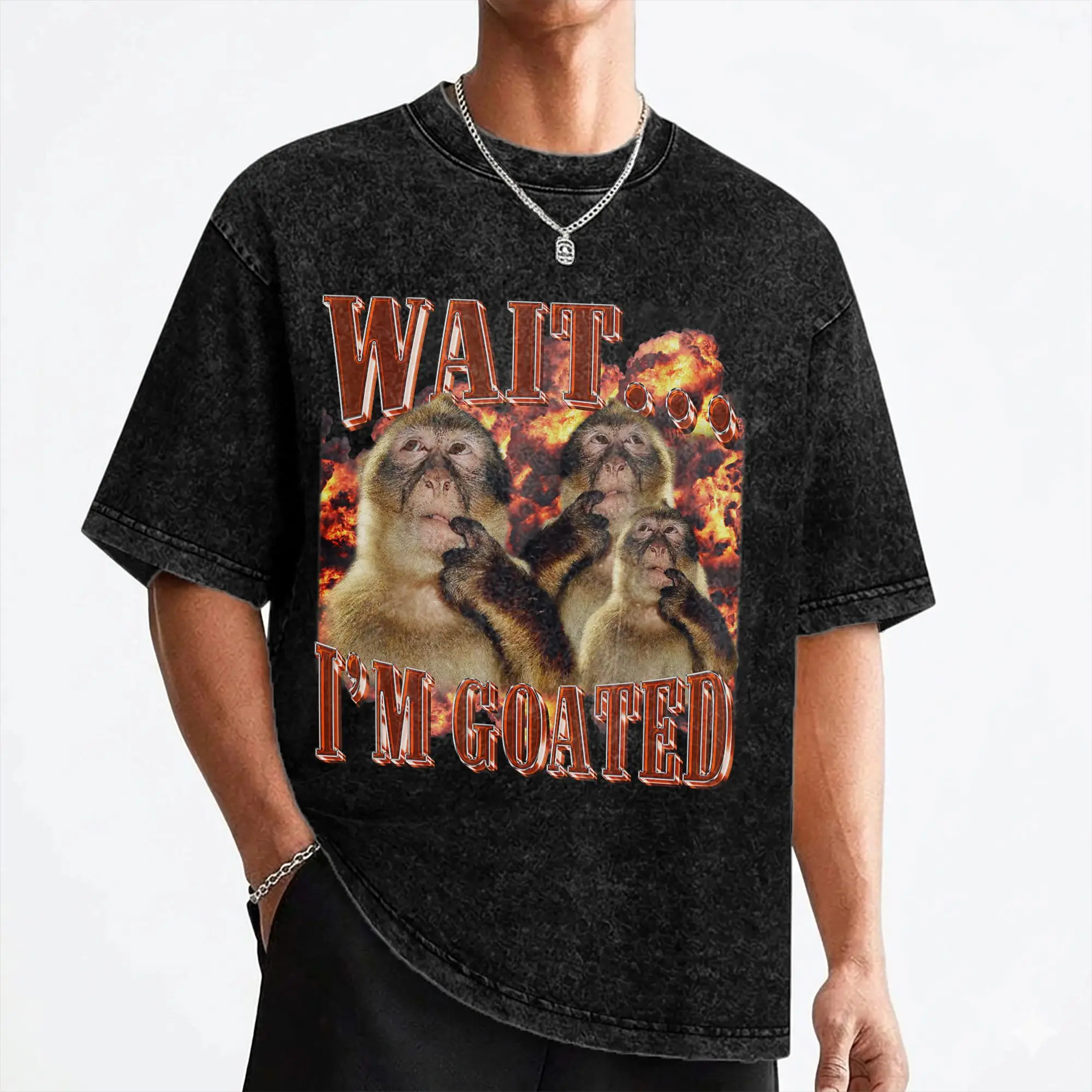 Thinking Monkey Funny Meme T Shirt Washed Short Sleeve Harajuku T-Shirts  Vintage Men Women Streetwear Graphic Printed Tees