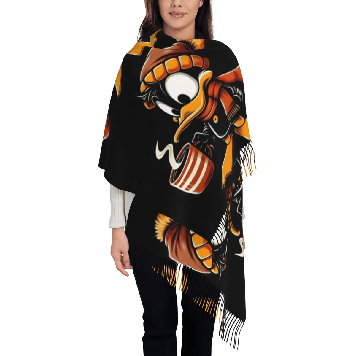 

Custom Luxury Anime Daffy Duck Tassel Scarf Women Winter Fall Warm Shawls Wraps Lady Kawaii Cartoon Scarves