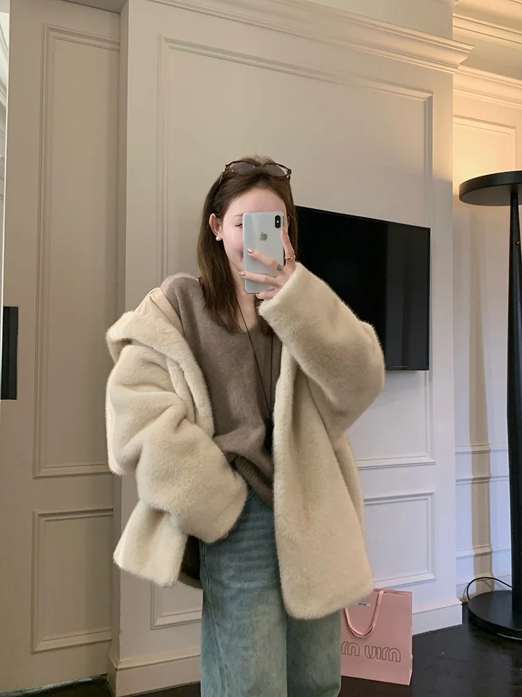 

Laid-ba Korean Sle Faux Fur Jaet Women's Winter Thiened Loose Warm Environmental Protection ort Coat Long Sve