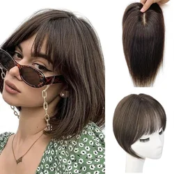 25cm 100% Human Hair 7X10cm Hairnet with Bangs Toupee Straight Clip in Hair Extension Improve Volume Topper Women Hair Pieces