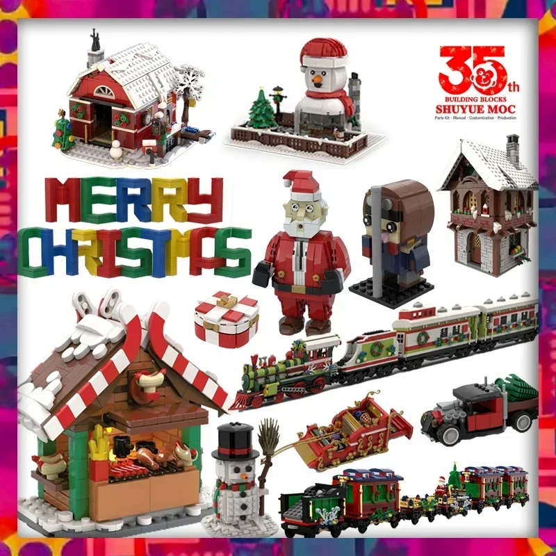 

christmas train motor kit decorations brick house snowball gift box sleigh xmas santa christmas 2024 building blocks castle