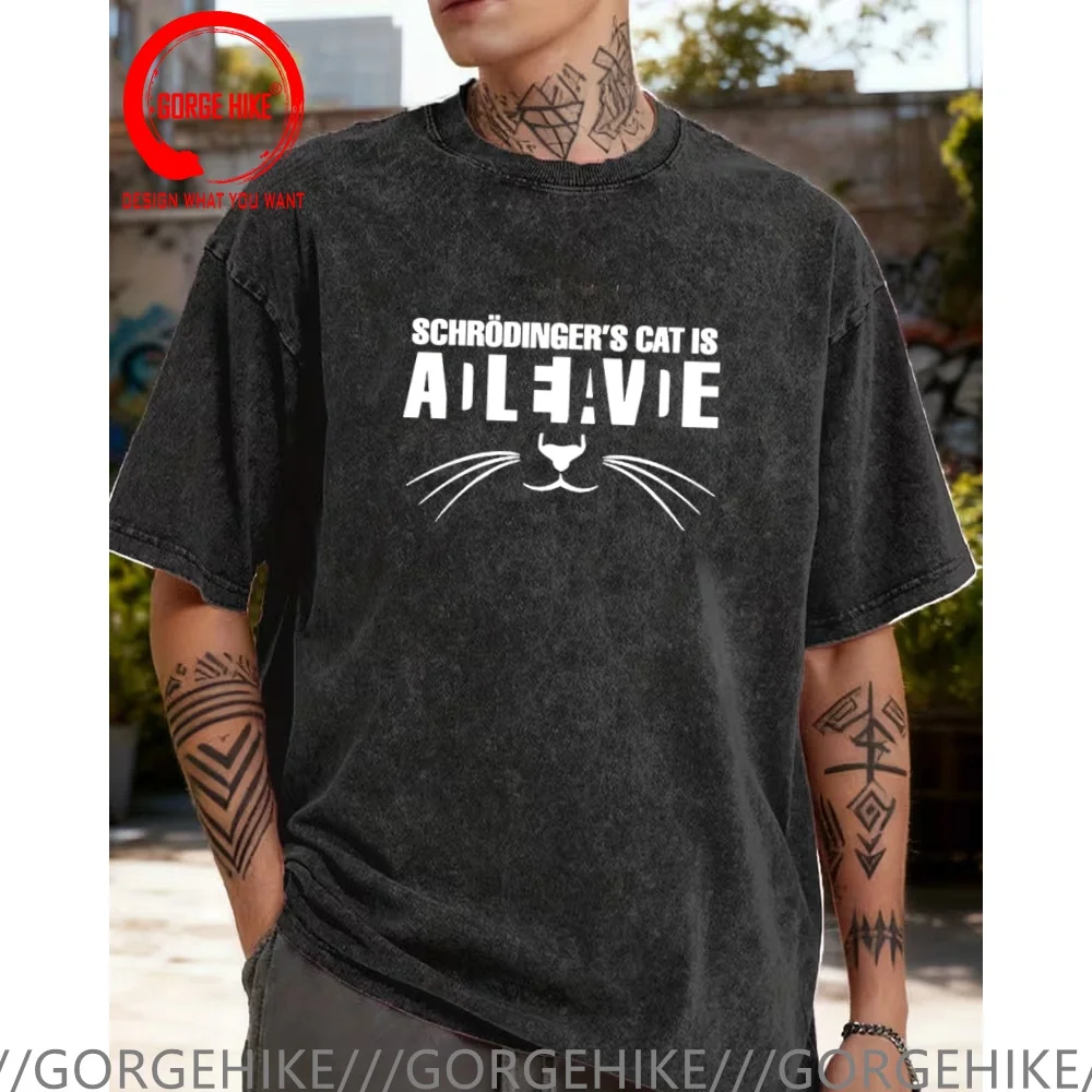 

Vintage Washed Cotton T-Shirt Funny Designer Cat schrodinger Science Humor T Shirt Men Fashion Trendy Casual Clothing Stylish
