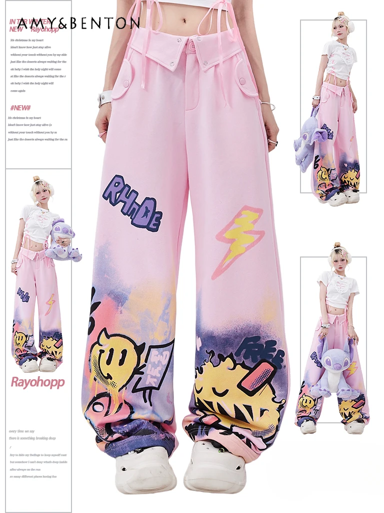 

Sweet Hot Girl Y2K Pink Jeans Women Summer Dopamine Girl American Street Cartoon Printed High Waisted Jeans Goth Wide Leg Pants