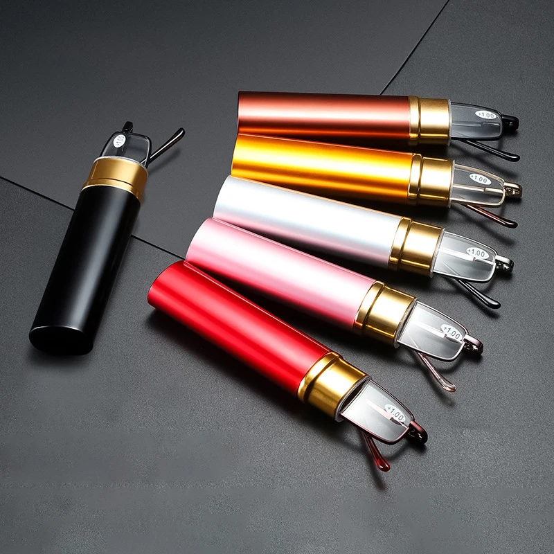 Mini Folding Reading Glasses Women Men Computer Glasses +1.0 To 4.0 Alloy Portable Container Presbyopia Pen Glasses With Box