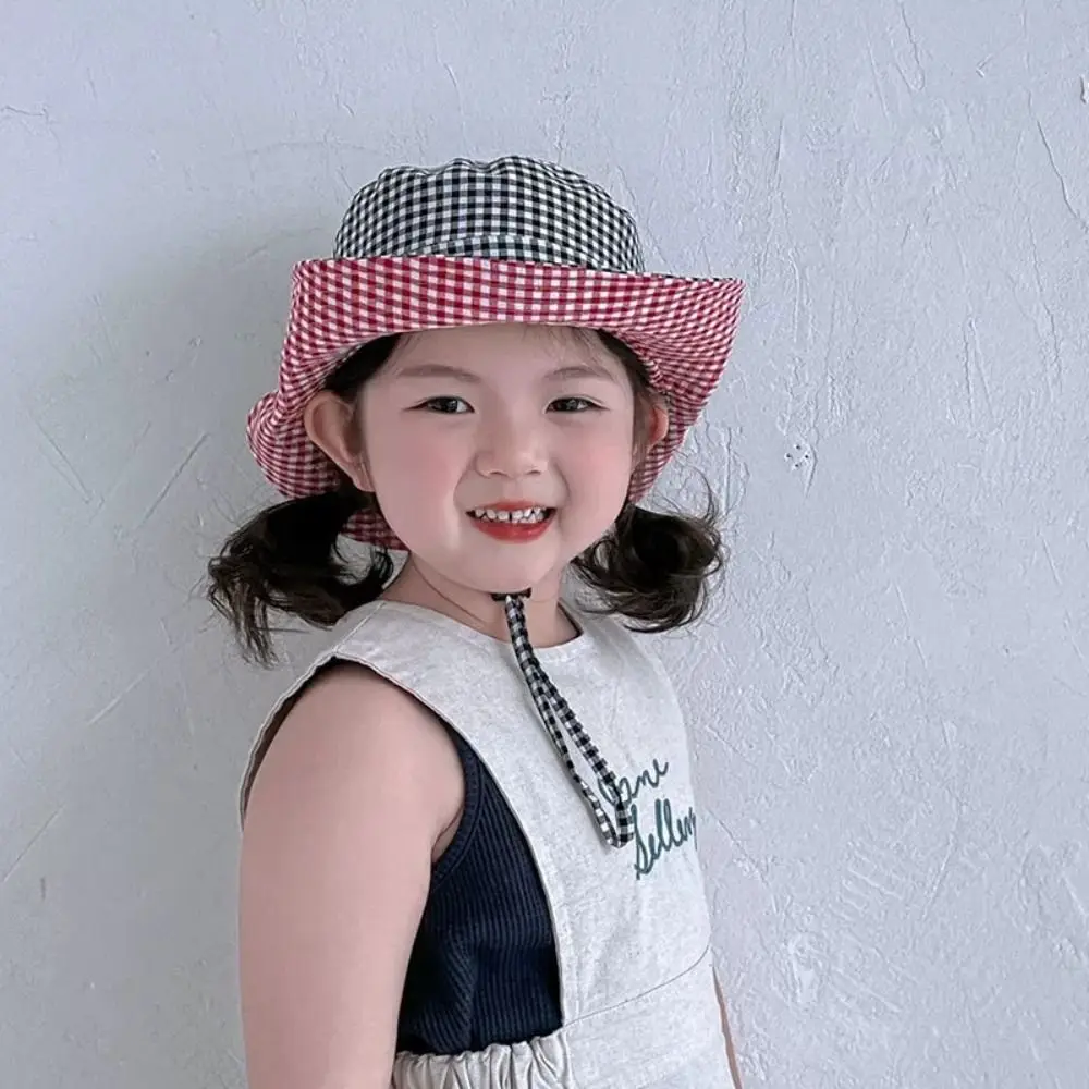 

Drawstring Boys Girls Bucket Cap Lattice Anti-UV Children Fisherman Hat Casual Double Sided Baby Sun Hat Mountaineering Cap