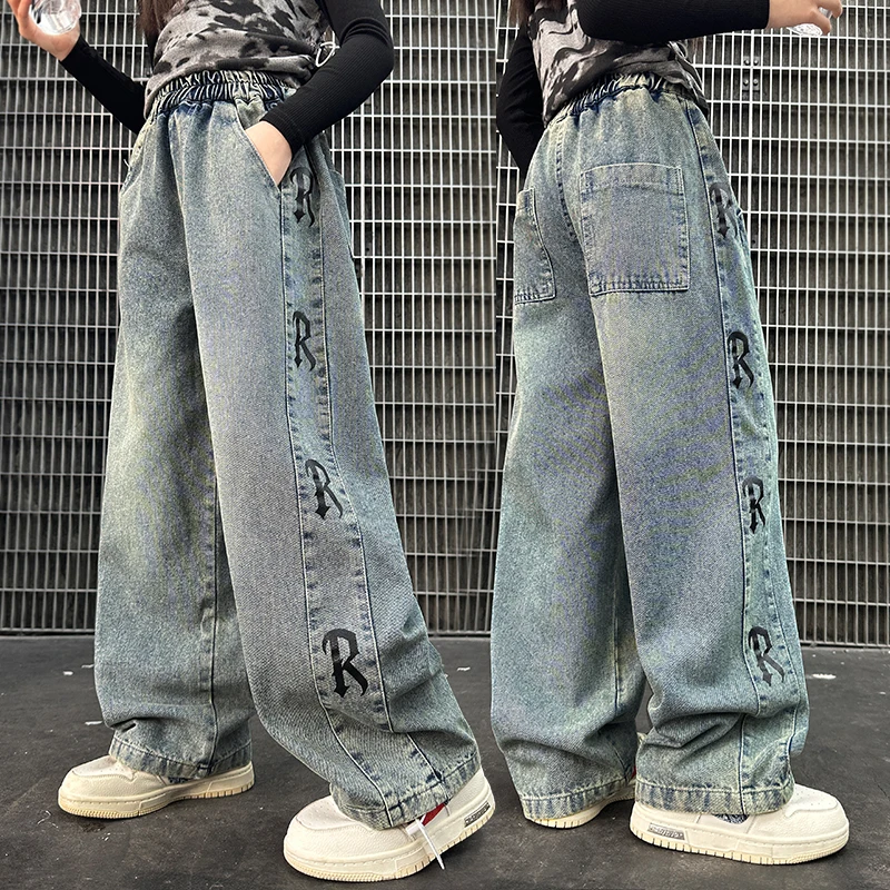 

Джинсы с буквенным принтом по бокам для девочек, весна-осень 2021, новые свободные прямые брюки, подходящие для верхней одежды для детей 5-15 лет.