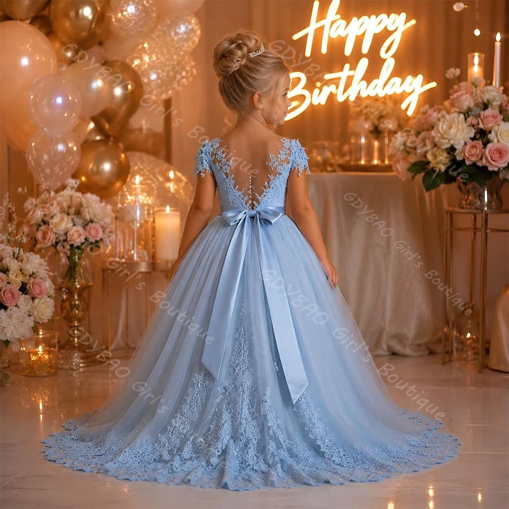 Blue Girls Birthday Party Gown High-low Off The Shoulder Flower Girl Dress for Wedding Lace Appliqued Tulle Pageant Dress Custom