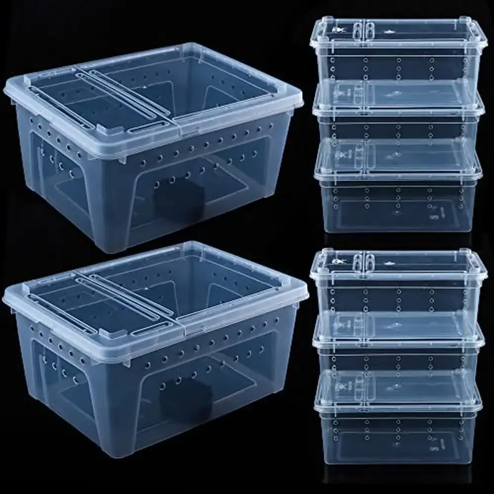 Reptile Feeding Box Plastic Transparent Breeding Habitat Gecko Snake Lizard Spider Frog Scorpion Kit 8 Pcs Set Large & Small