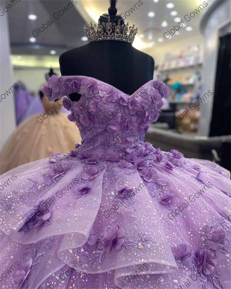 Vestido de baile de quinceañera para niñas, vestido de princesa Lila, púrpura, hombros descubiertos, flores en 3D, dulces 16, vestidos de fiesta de cumpleaños, Lac