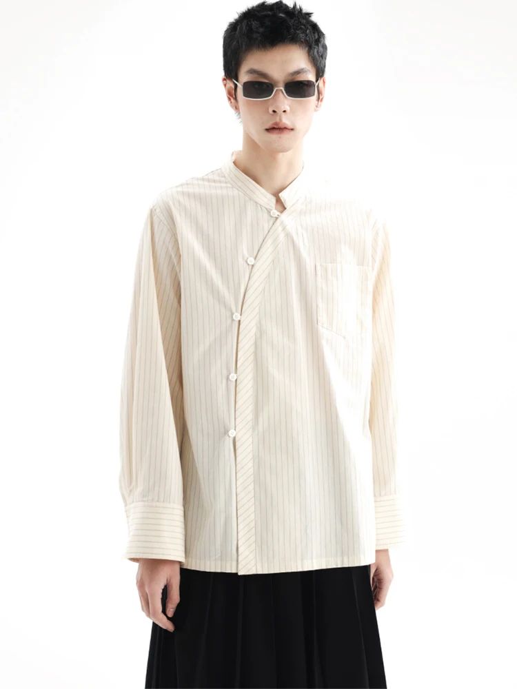 

Новая китайская белая рубашка с воротником-стойкой, свободного кроя, с вертикальными полосками, коллекция APOZi, с длинными рукавами, женская модная хлопковая рубашка