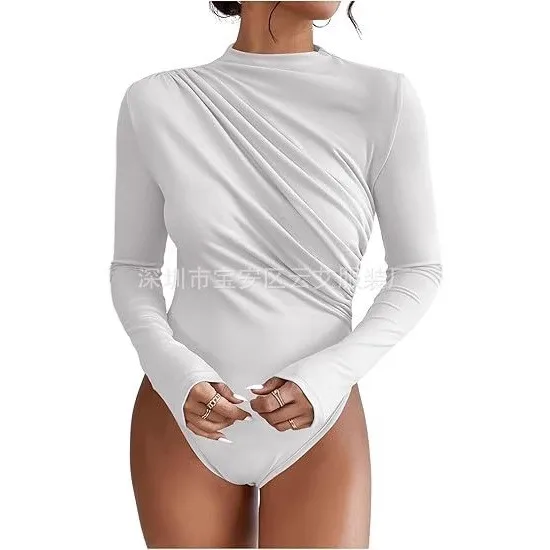 Hot Lingerie Jumpsuit Draped Front Romper Women's Body Lingerie Long Sleeve Bodysuit Minimalist Monochrome Solid Color view 4