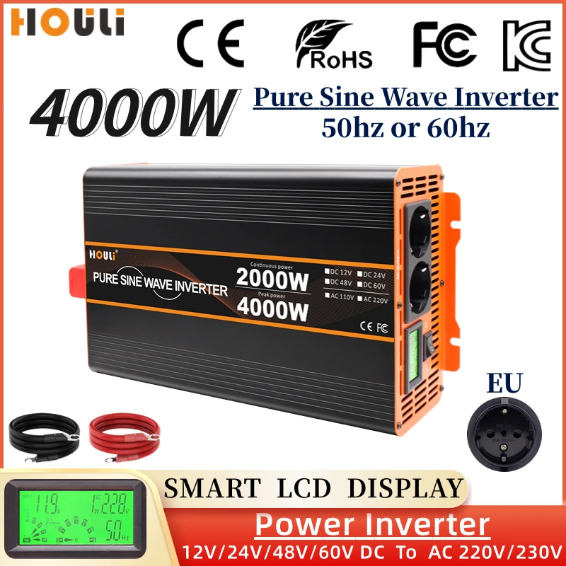 

Power Inverter 1600W 3000W 4000W Pure Sine Wave Converter DC 12V 24V 48V To AC 220V Voltage Inverter Portable Solar Converte LCD