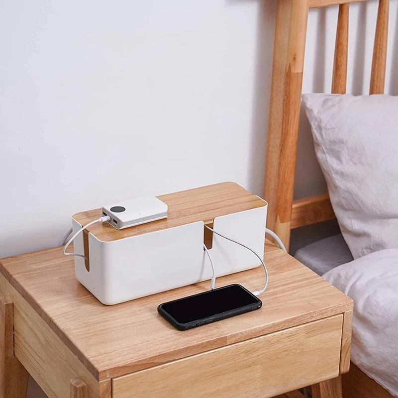 Cable Management Box With Bamboo Lid Small Cable Organizer Box For Extension Cord Power Stripe Surge Protector