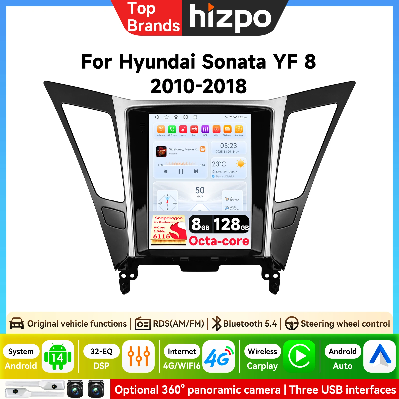 Pour Hyundai Sonata YF 8 2008 - 2014 Android pour écran Tesla 9.7 pouces, navigation GPS, autoradio, lecteur multimédia, Carplay 4G