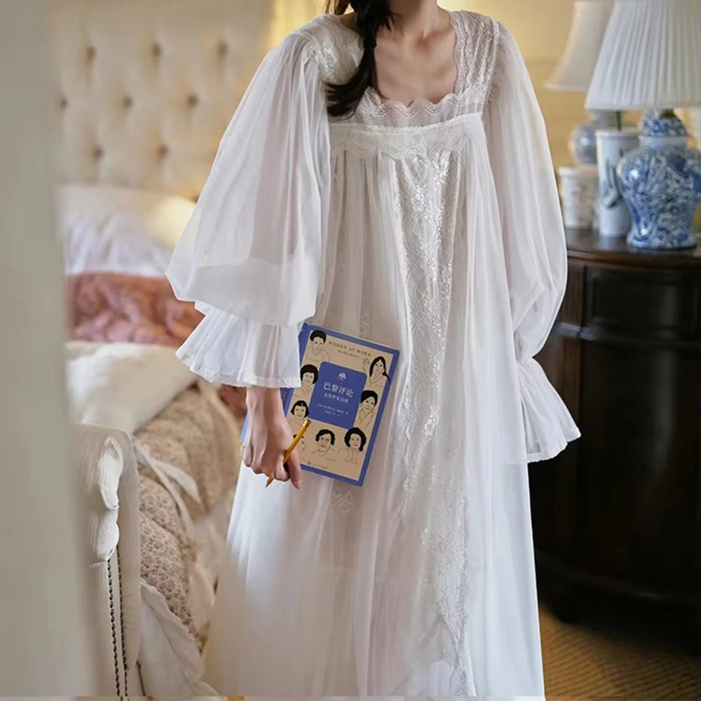 2026 New European Tall Women Fairy Morning Gown Home Dress Nightgown Court Princess Long White Nightdress Loungewear Gauze