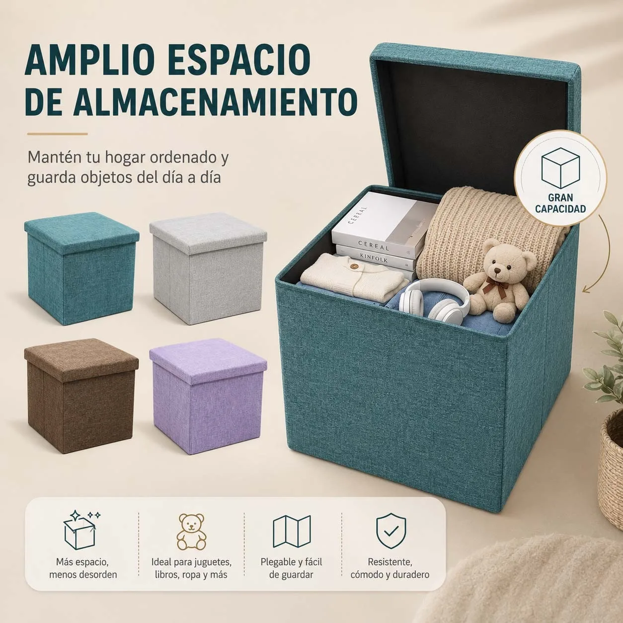 Pouf de rangement pliable 30x30x30cm, tabouret rembourré en lin et fibre, boîte de rangement polyvalente pour jouets et vêtements, repose-pieds résistant jusqu'à 150kg