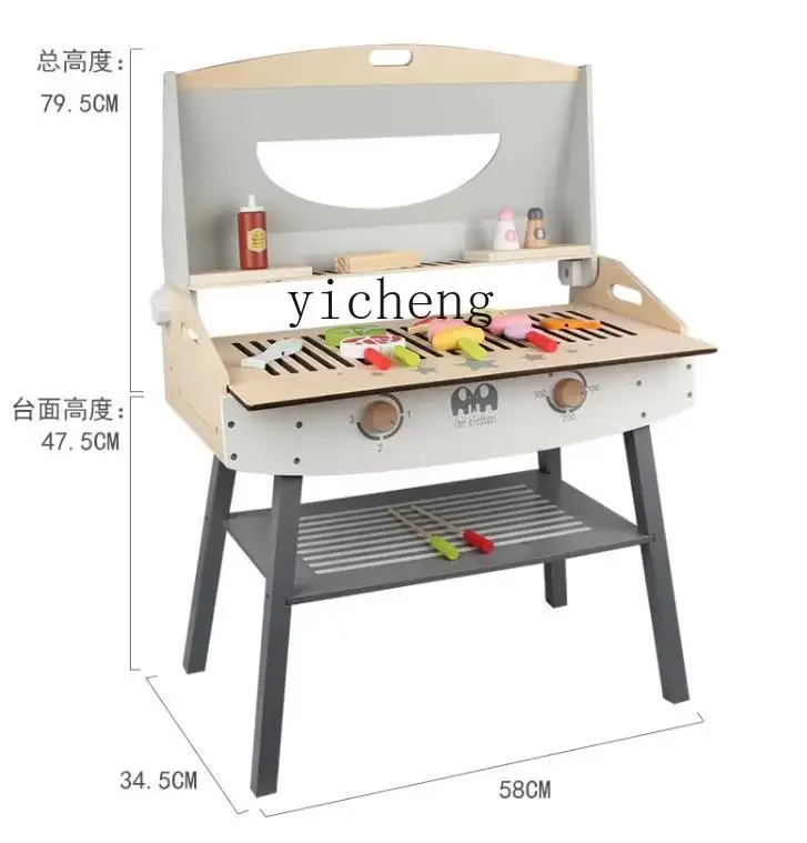 Tqh Mesa de barbacoa para niños, casa de juegos para barbacoa, cocina de madera, juguete, parrilla, estante, comida de simulación de cocina