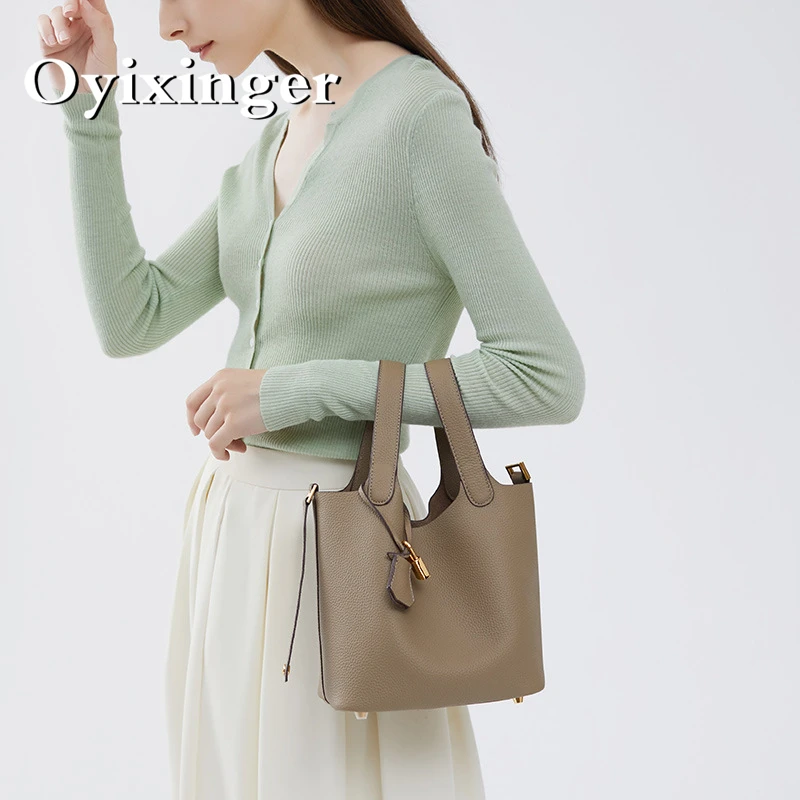 

OYIXINGER New Casual Genuine Leather Handbags For Women's Fashion Cowhide Bucket Shoulder Bags Small Luxury Crossbody Bag Female