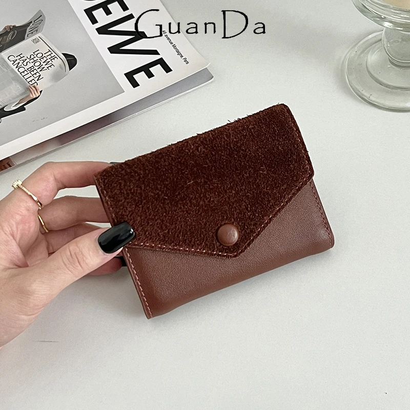 Luxury Suede Leather Cowhide Short Wallet Woman Fashion Vintage Card Holder Casual Daily Versatile Coin Purse Lady Card Bag Gift