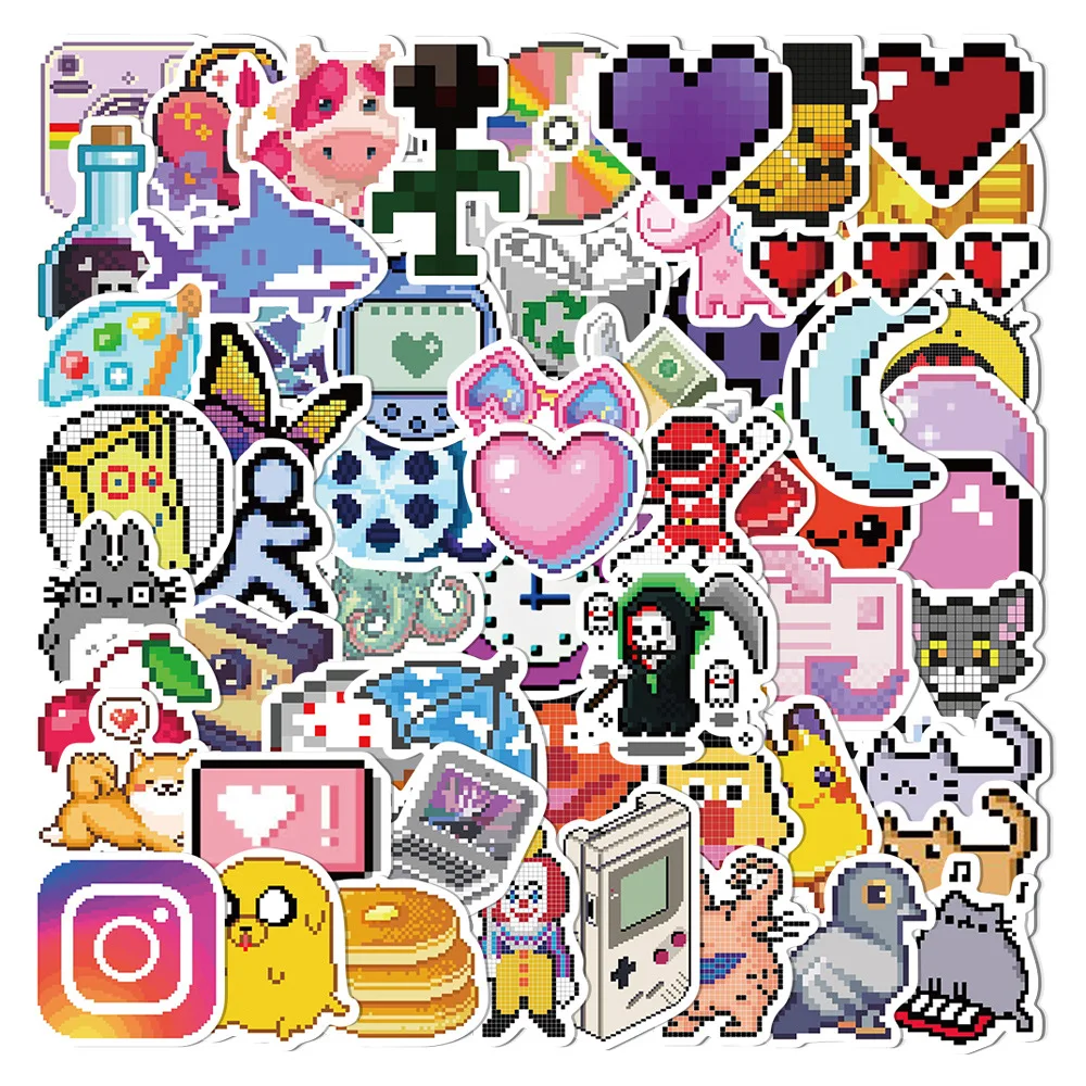 64Pcs Cute Pixel Icon Stickers Cartoon INS Decal Decoration Suitcase Scrapbooking Phone Laptop Stationery Kid Girl Sticker