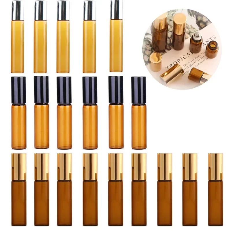 50Pcs 1ml-10ml Refillable Amber Perfume Essential Oil Bottle Mini Portable Glass Bottle Roller Ball Liquid Container with Tools