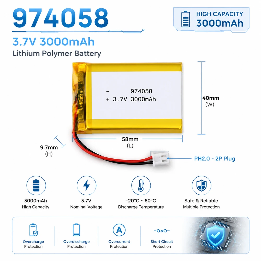 974058 Battery 3000mAh with PH2.0 Plug 3.7V LiPo Battery Suitable for Massage Devices GPS Navigators Smart Tablets Smart Devices