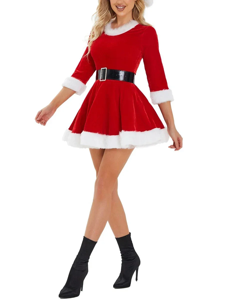 Xmas Cosplay Costumes Women Christmas Dress Santa Cosplay Costume Plush Trim Velvet Round Neck 3/4 Sleeve Belt Dress with Hat