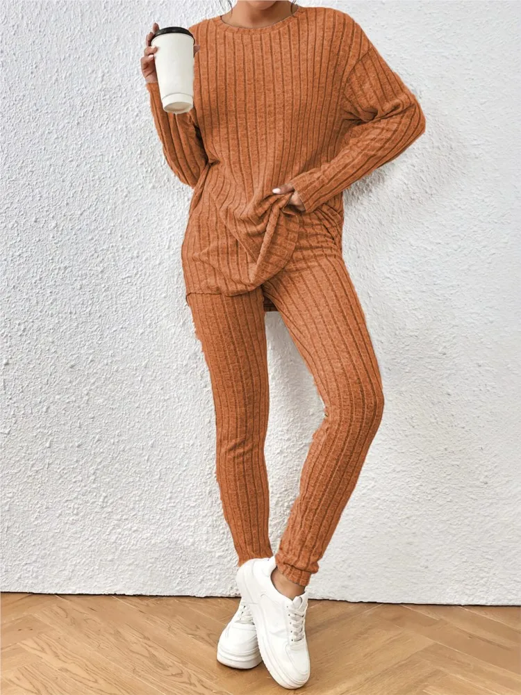 Casual O-neck Two Piece Set Women Outfits Autumn Winter New Fashion Solid Knitted Long Sleeve Sweater Elegant Loose Pants Suit