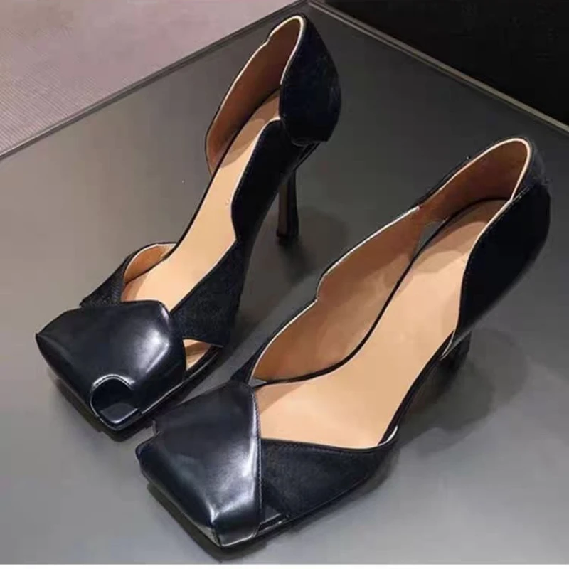 

Brand Designer High Heels Women Luxury Square Toe Party Dress Shoes Sexy Black Hollow Out Mary Janes Sandals Retro Pumps Female
