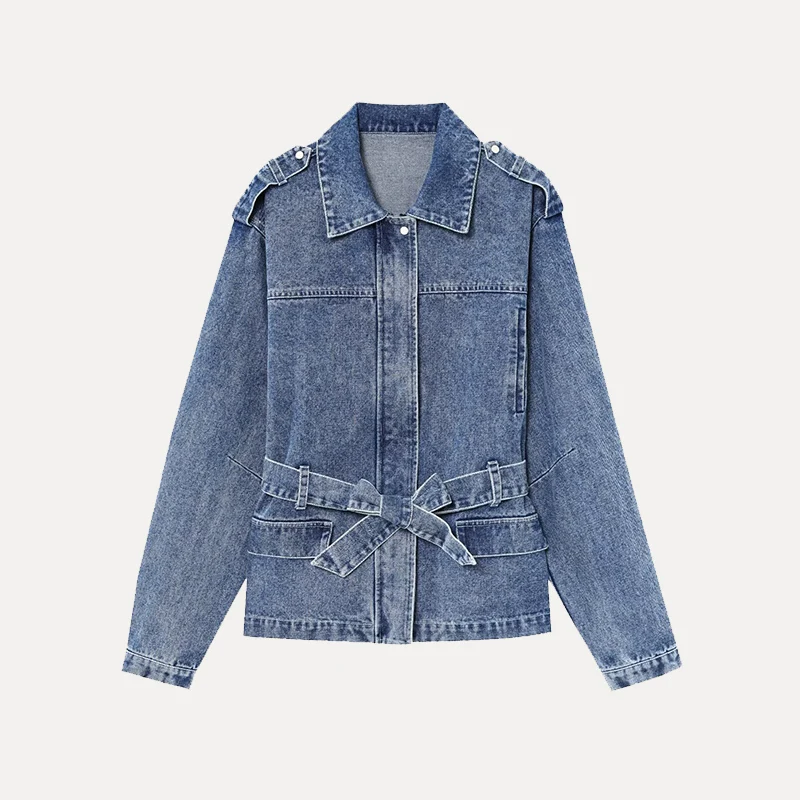 

Spring 2025 Women's Denim Jaet with Belted Waist And Stand Collar Street Sle ort Outerwear Polyester Fiber 00%