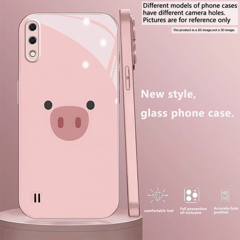 Minimal Cute Pig Face Pink Metallic Glass Phone Case For Samsung A01/A02/A03 Core/A04/A04e/A05/A05s/A07/A70/A71/72/73 Back Cover