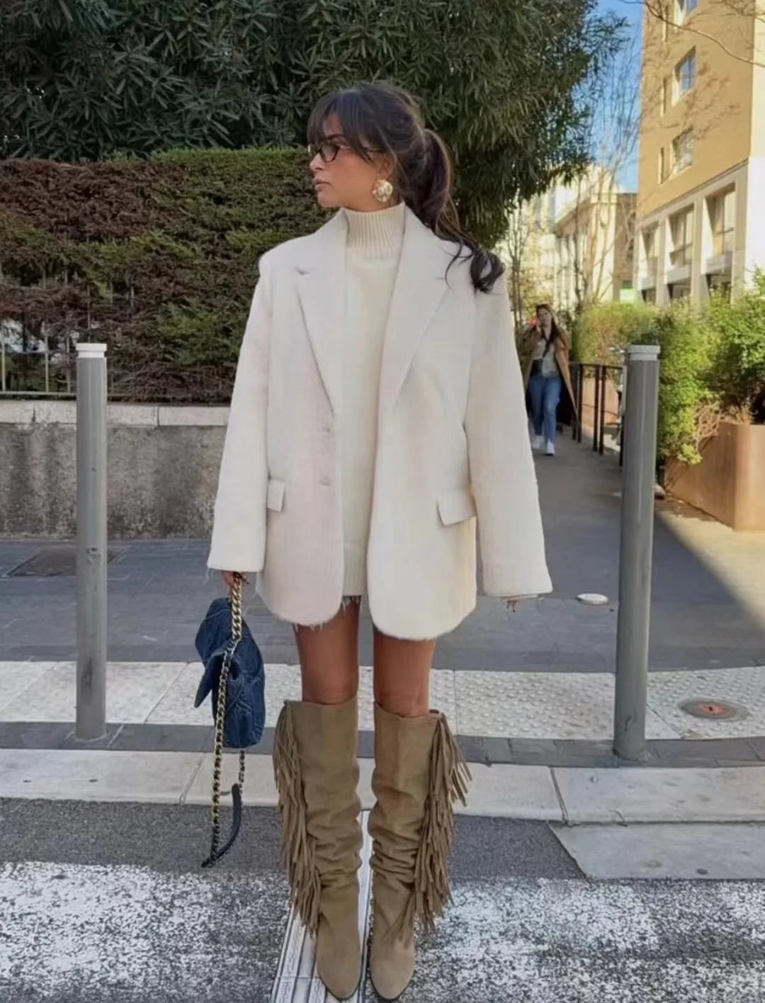 Winter nieuwe damesmode wit nepbont effect recht gesneden losse editie casual colbert