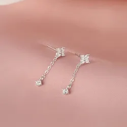 New Silver Color Inlaid Zircon Clover Tassel Earrings For Women Delicate Chain Pendant Earring Party Jewelry Accessories Gifts