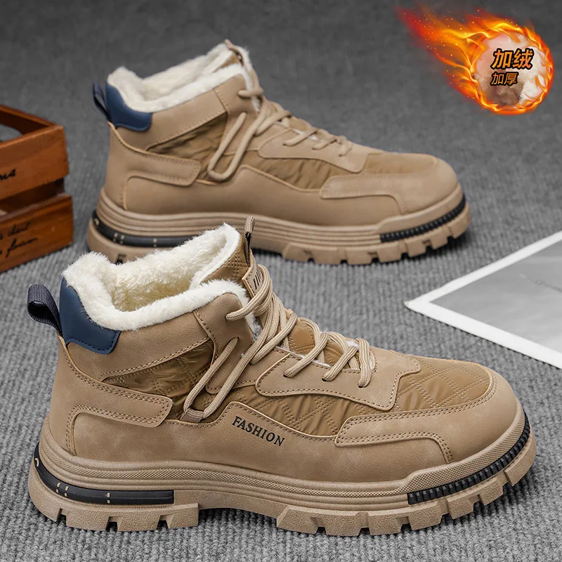 

Men's fleece work boots, winter warm snow boots, trendy mid-high-top outdoor anti-slip retro boots