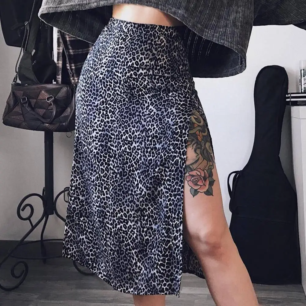 Women Skirt Polyester Split Skirt Comfortable Breathable  Beautiful Leopard Print Women Skirt