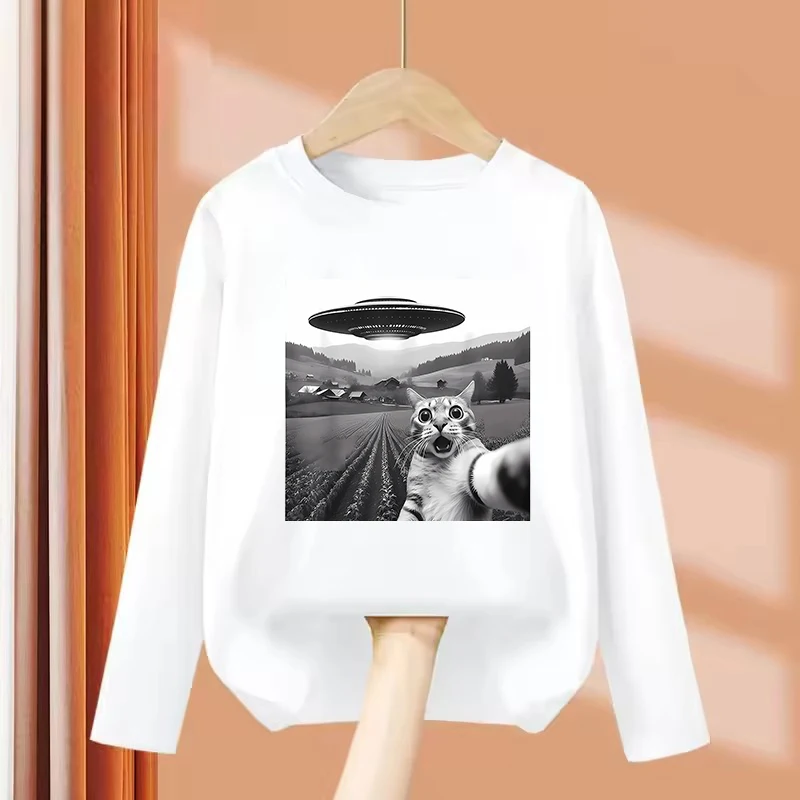 Funny Casual Ufo Cat Kawaii Long Sleeve Print T Shirts Kids Children's T-shirt Anime Boys Girls Summer Spring Casual Top Tee