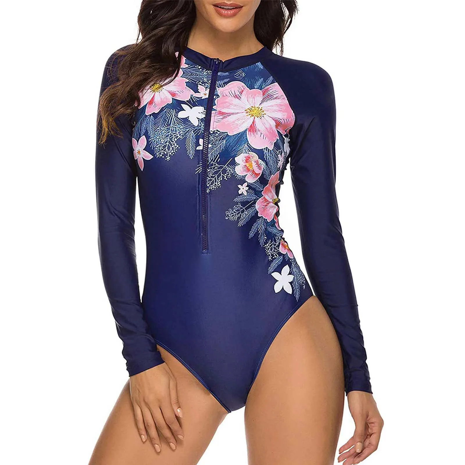 Women's Long Sleeve UPF 50+ Zippered Floral Athletic Swimwear Biquinis Beach Swimwear for women Monokini