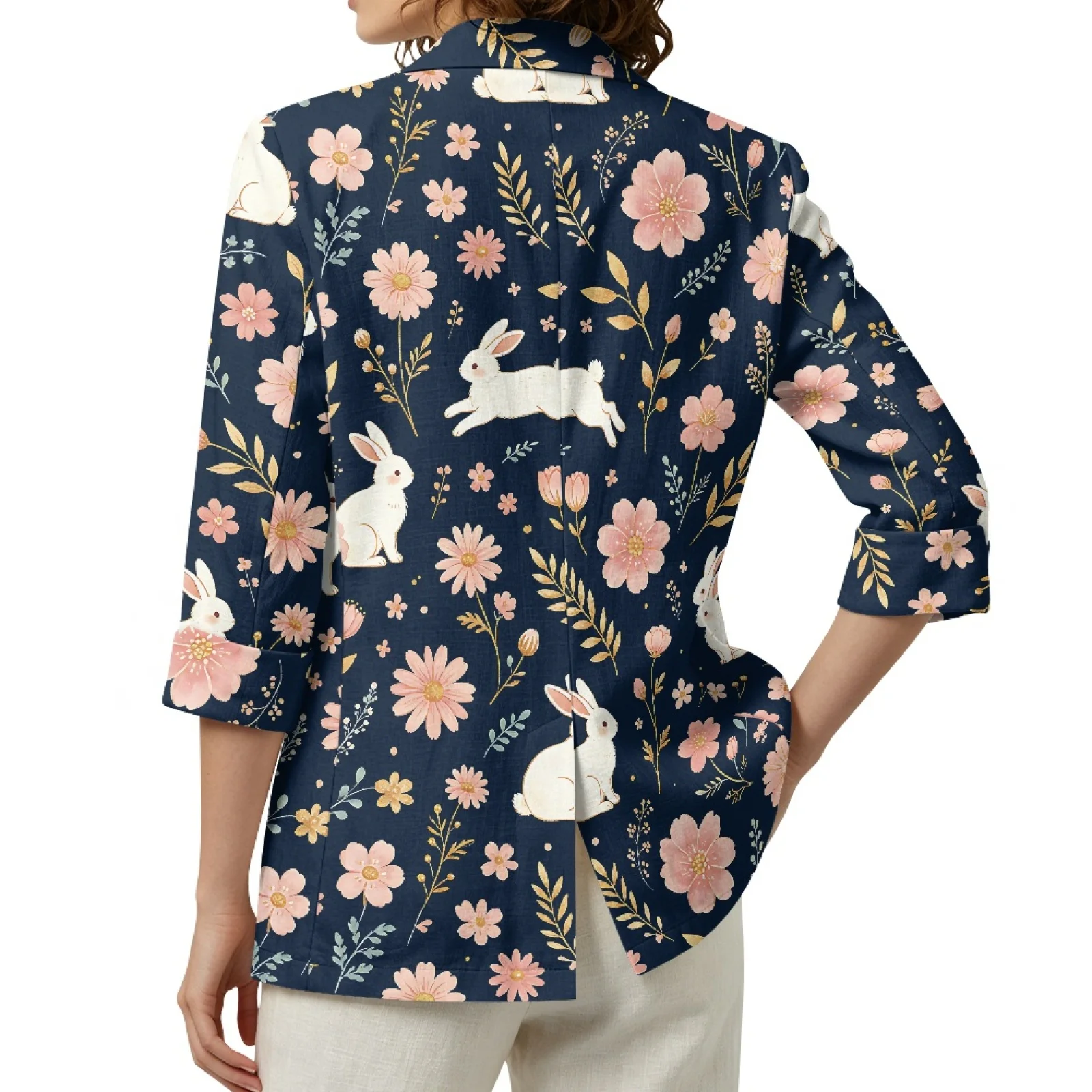PENSTROLL Bunny Floral Print Linen Like Beach Cover Up Open Front Light Cover Up for Womens Sizes S-3XL