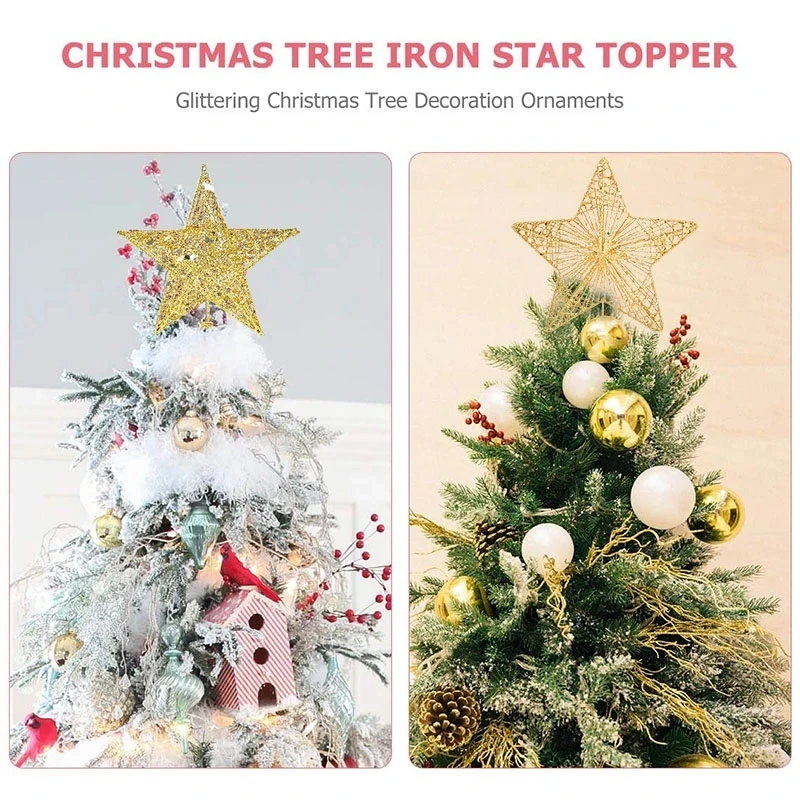 Hollow Sparkle Star Toppers Christmas Tree Topper Gold Silver Red Xmas Tree Ornament for Christmas New Year Party Treetop Decor