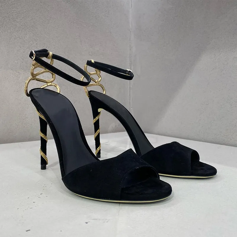 Snake Wrap Black Stilettos 2025 Summer New One-word with Open-toed Round Head Sandals Women