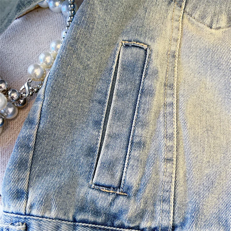 레이스 레이스업 버튼 장식 연한 파란색 짧은 데님 재킷 루즈 라펠 싱글 브레스티드 긴 소매 가을 여성용 청재킷