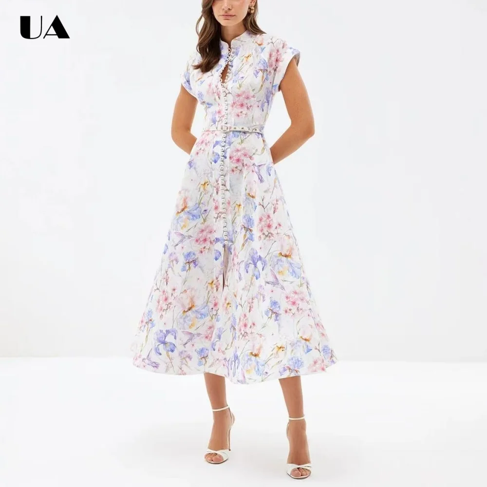 Summer New Printed A-line Midi Dress with Short Sleeve Vacation Style Half-high Neck Dresses for Women Trendy Button Long Dress