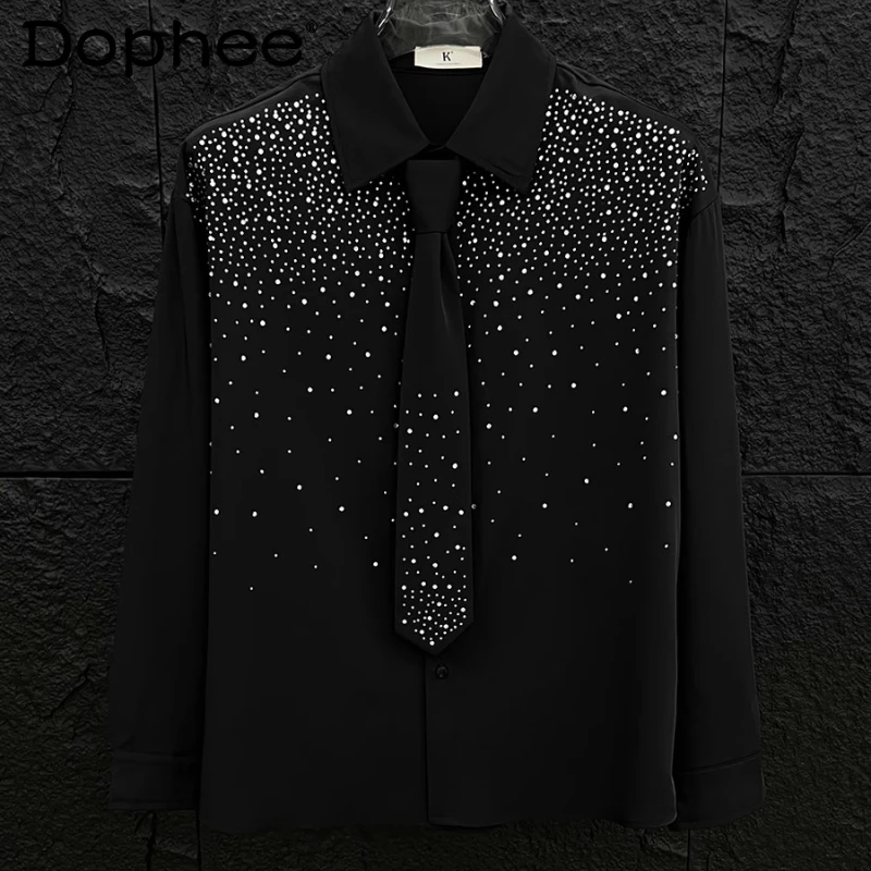 

Men's 2025 Spring Summer New High-End Tops Fashion Rhinestone Long Sleeve Solid Color Shirts Men's Trendy Loose Comfort Shirts