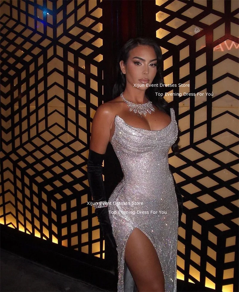 Xijun Glitter Sexy Mermaid Evening Dresses High Side Slit Long Prom Dresses Celebrity Sleeveless Prom Gown Special Occasion Gown