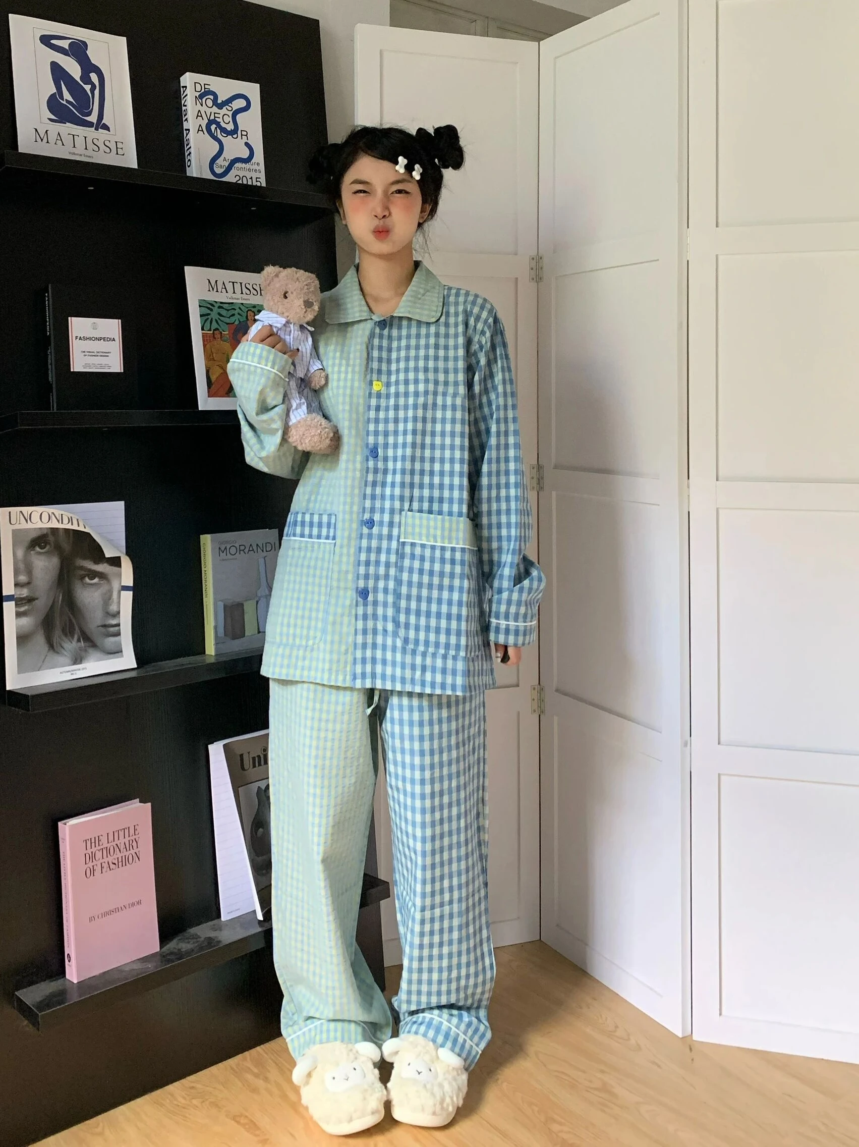 Korean Sle Long Sve Plaid Spwear Women's Spring Autumn Home Clothes Set High Waist Pants Comfortable Soft Material