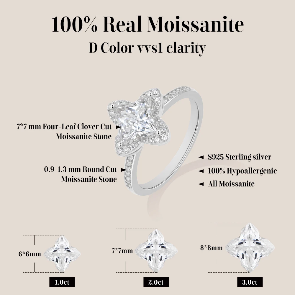 MINTYBOX Clover Cut 2CT Moissanite Rings Pave Halo Band S925 Silver Dainty Engagement Wedding Jewelry Anniversary Gift for Women